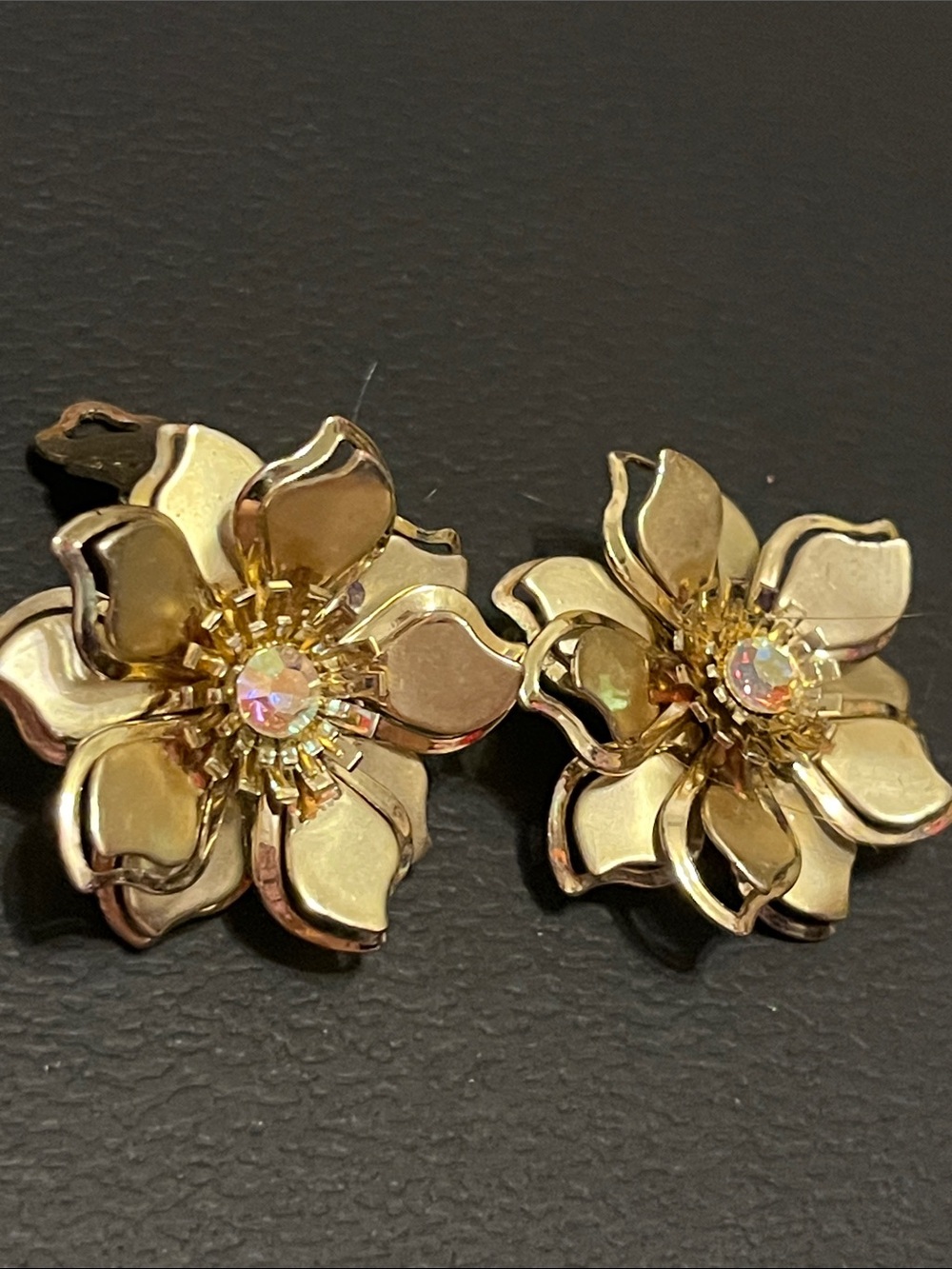 Gold Floral Clip-On Earrings with Iridescent Center